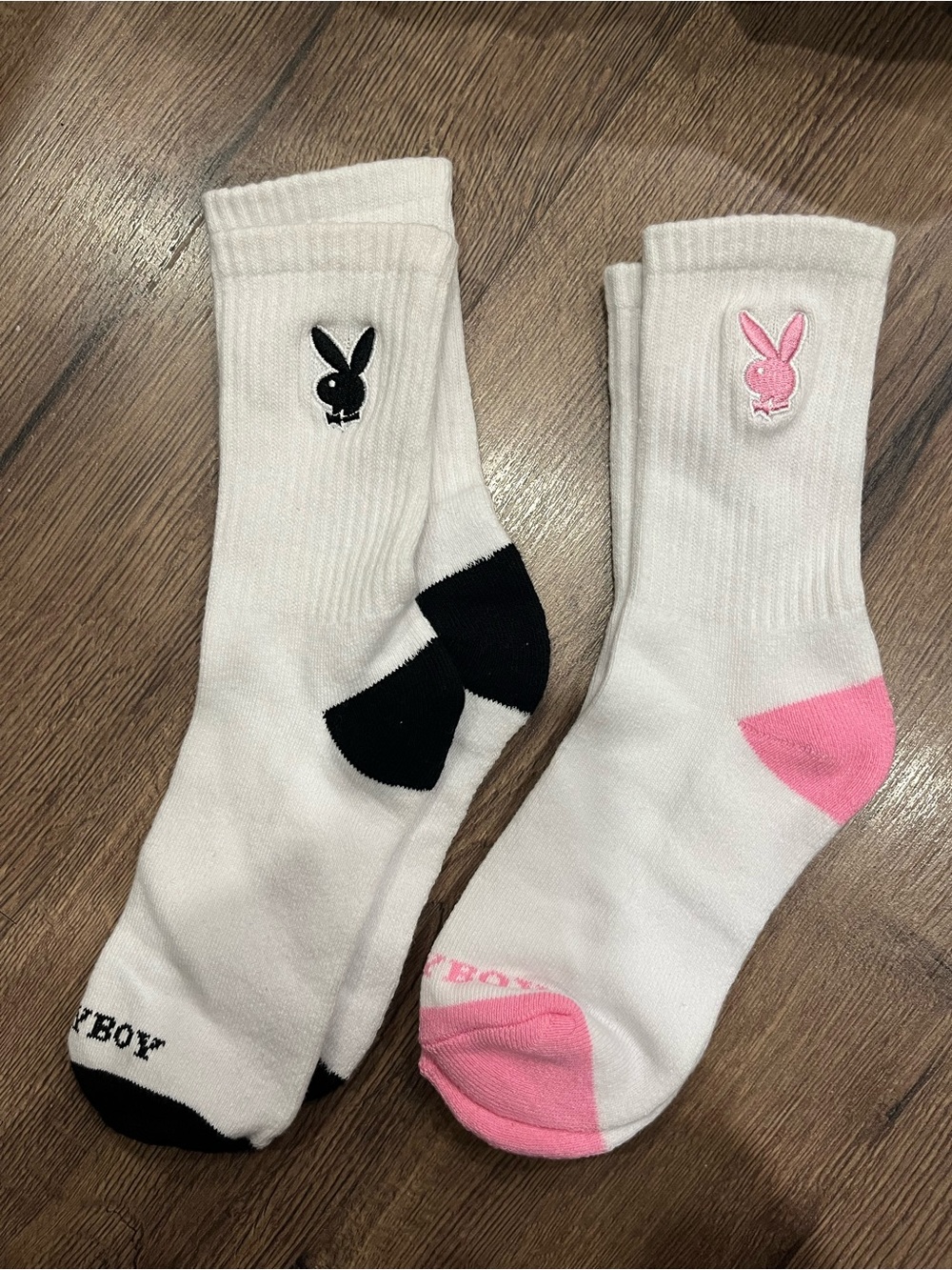 PLAYBOY White Crew Socks with Black & Pink Bunny Accents